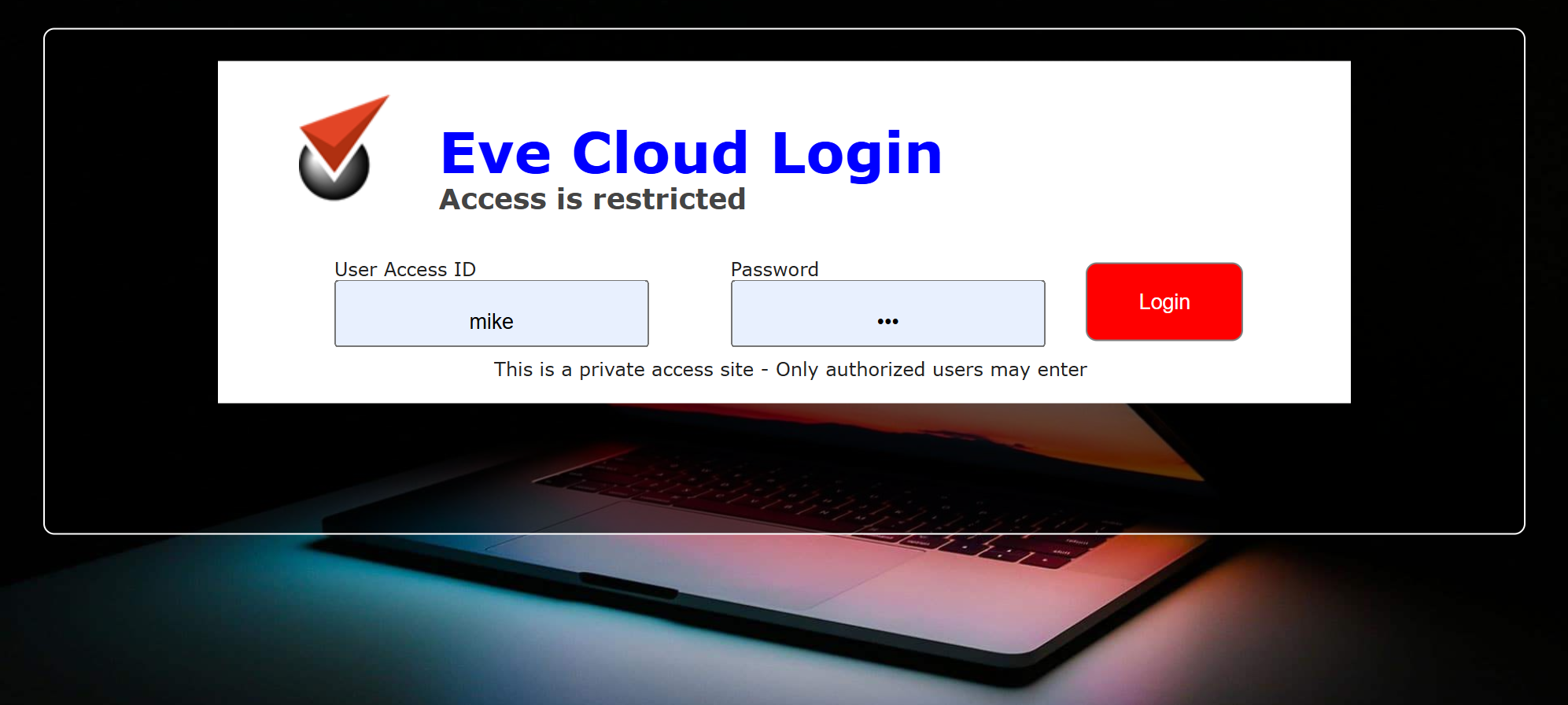 example of login screen